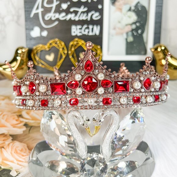 Wedding King Crown, Vintage Red Rhinestone XL Royal Crown, Baroque Crown for Men - Picture 4 of 8